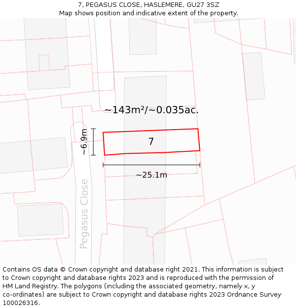 7, PEGASUS CLOSE, HASLEMERE, GU27 3SZ: Plot and title map