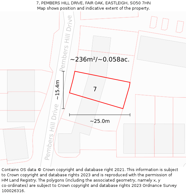 7, PEMBERS HILL DRIVE, FAIR OAK, EASTLEIGH, SO50 7HN: Plot and title map
