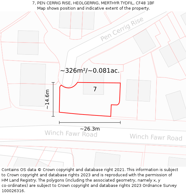 7, PEN CERRIG RISE, HEOLGERRIG, MERTHYR TYDFIL, CF48 1BF: Plot and title map