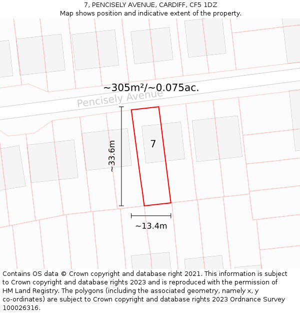 7, PENCISELY AVENUE, CARDIFF, CF5 1DZ: Plot and title map