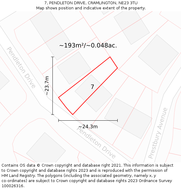 7, PENDLETON DRIVE, CRAMLINGTON, NE23 3TU: Plot and title map