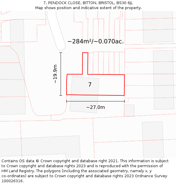 7, PENDOCK CLOSE, BITTON, BRISTOL, BS30 6JL: Plot and title map