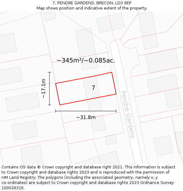 7, PENDRE GARDENS, BRECON, LD3 9EP: Plot and title map