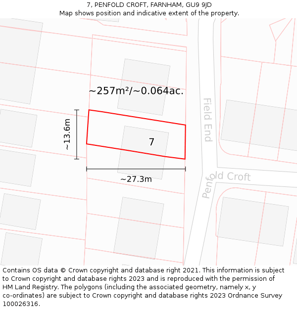 7, PENFOLD CROFT, FARNHAM, GU9 9JD: Plot and title map