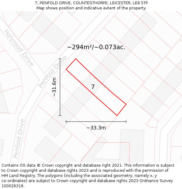7, PENFOLD DRIVE, COUNTESTHORPE, LEICESTER, LE8 5TP: Plot and title map