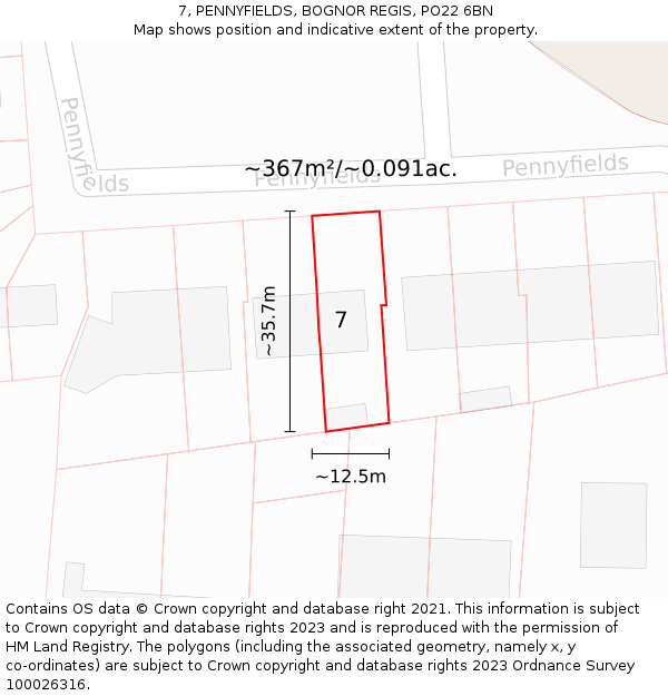 7, PENNYFIELDS, BOGNOR REGIS, PO22 6BN: Plot and title map