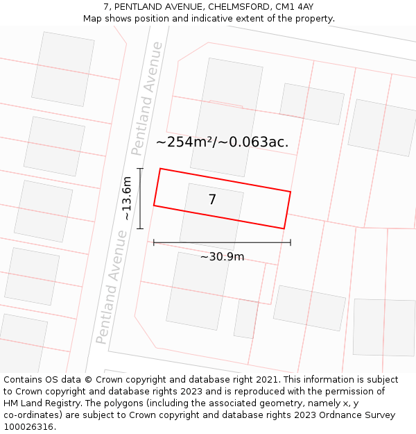 7, PENTLAND AVENUE, CHELMSFORD, CM1 4AY: Plot and title map