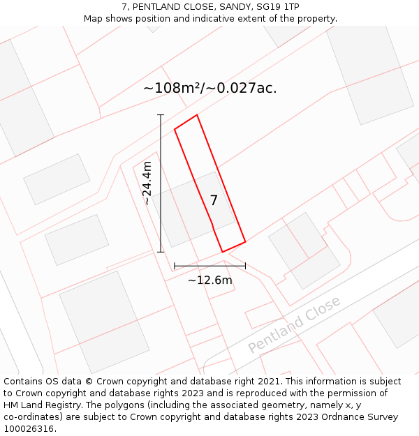 7, PENTLAND CLOSE, SANDY, SG19 1TP: Plot and title map