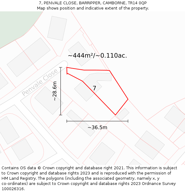 7, PENVALE CLOSE, BARRIPPER, CAMBORNE, TR14 0QP: Plot and title map
