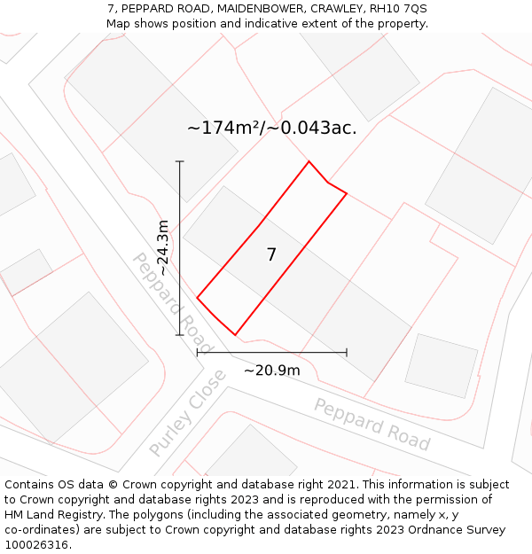 7, PEPPARD ROAD, MAIDENBOWER, CRAWLEY, RH10 7QS: Plot and title map