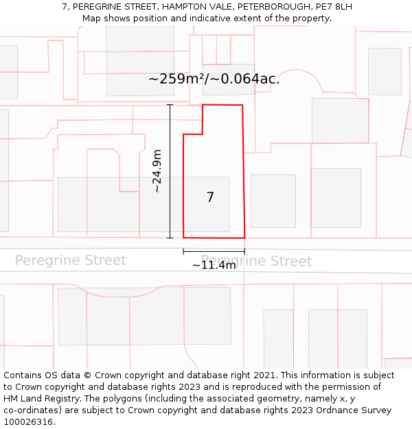 7, PEREGRINE STREET, HAMPTON VALE, PETERBOROUGH, PE7 8LH: Plot and title map