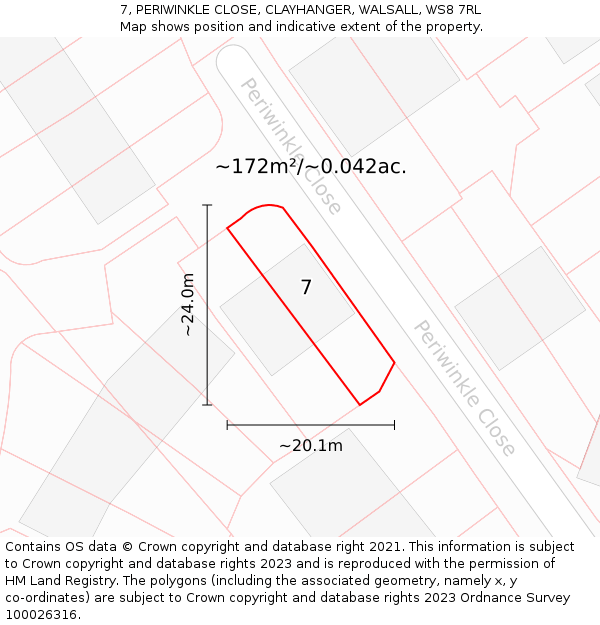 7, PERIWINKLE CLOSE, CLAYHANGER, WALSALL, WS8 7RL: Plot and title map
