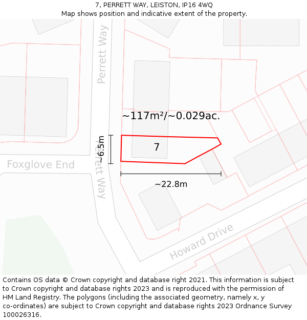 7, PERRETT WAY, LEISTON, IP16 4WQ: Plot and title map