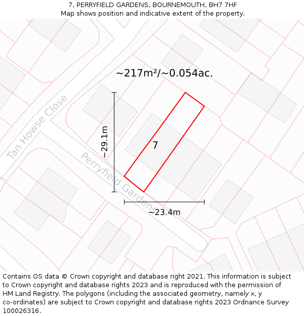 7, PERRYFIELD GARDENS, BOURNEMOUTH, BH7 7HF: Plot and title map