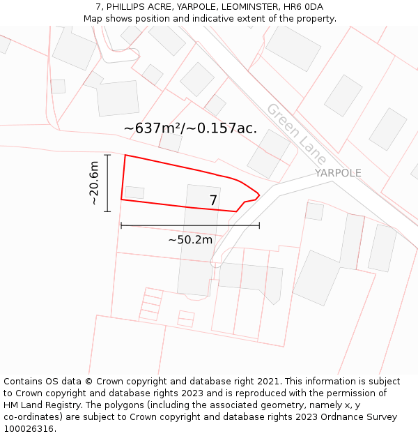 7, PHILLIPS ACRE, YARPOLE, LEOMINSTER, HR6 0DA: Plot and title map