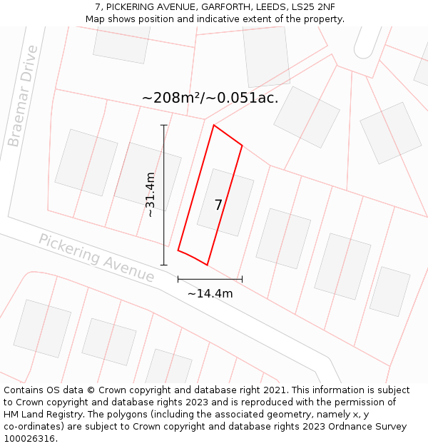 7, PICKERING AVENUE, GARFORTH, LEEDS, LS25 2NF: Plot and title map