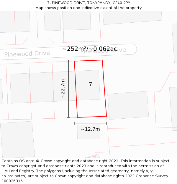 7, PINEWOOD DRIVE, TONYPANDY, CF40 2PY: Plot and title map