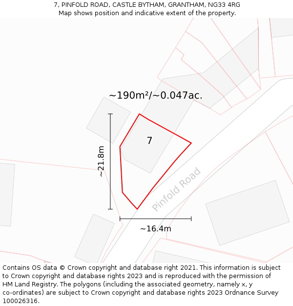 7, PINFOLD ROAD, CASTLE BYTHAM, GRANTHAM, NG33 4RG: Plot and title map