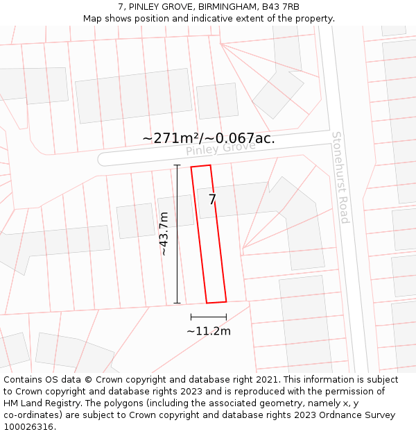 7, PINLEY GROVE, BIRMINGHAM, B43 7RB: Plot and title map