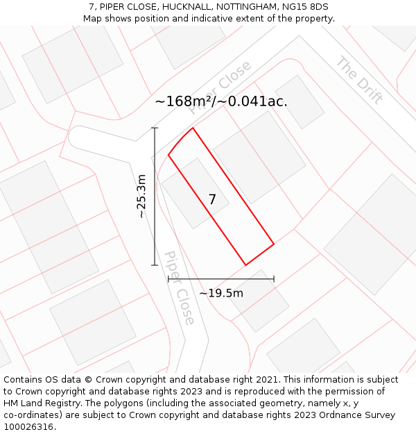 7, PIPER CLOSE, HUCKNALL, NOTTINGHAM, NG15 8DS: Plot and title map