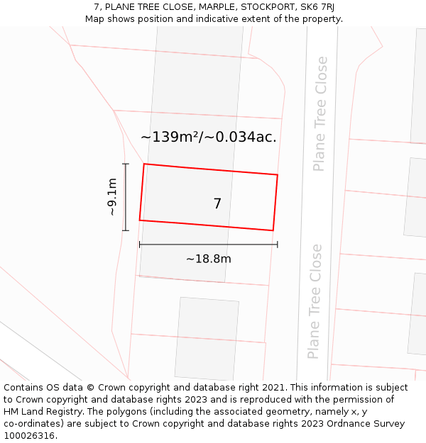 7, PLANE TREE CLOSE, MARPLE, STOCKPORT, SK6 7RJ: Plot and title map