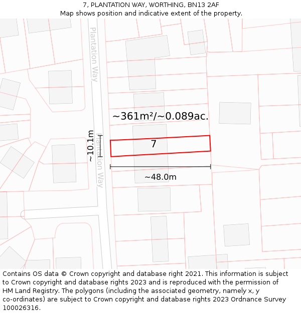 7, PLANTATION WAY, WORTHING, BN13 2AF: Plot and title map