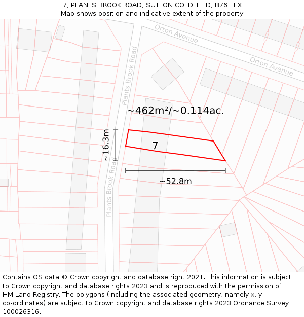 7, PLANTS BROOK ROAD, SUTTON COLDFIELD, B76 1EX: Plot and title map