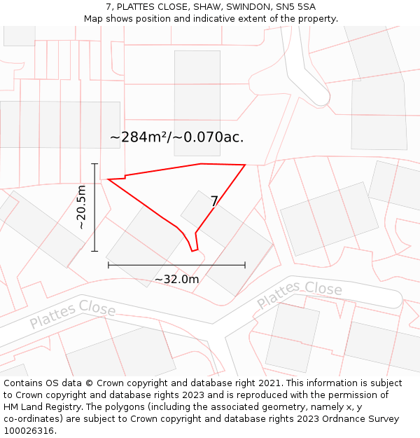 7, PLATTES CLOSE, SHAW, SWINDON, SN5 5SA: Plot and title map