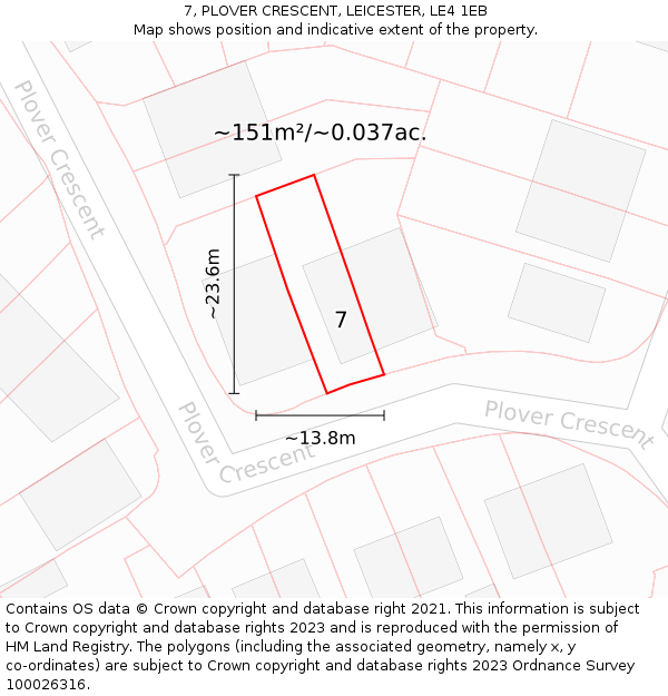 7, PLOVER CRESCENT, LEICESTER, LE4 1EB: Plot and title map