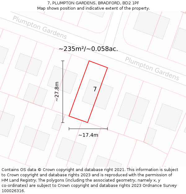 7, PLUMPTON GARDENS, BRADFORD, BD2 1PF: Plot and title map