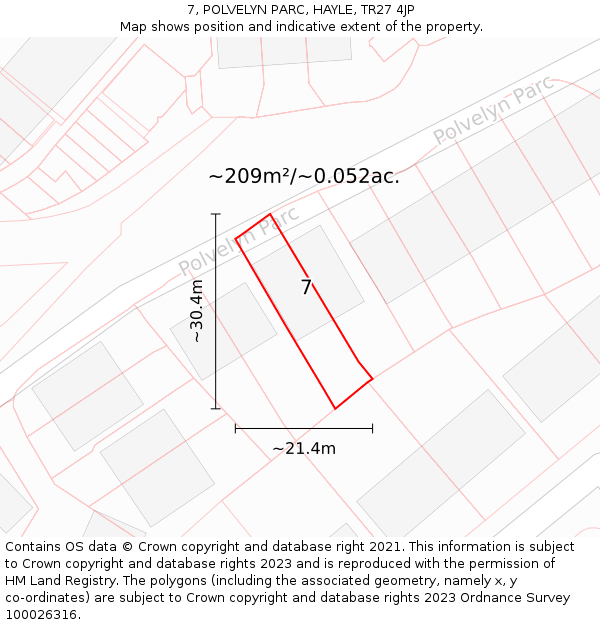 7, POLVELYN PARC, HAYLE, TR27 4JP: Plot and title map