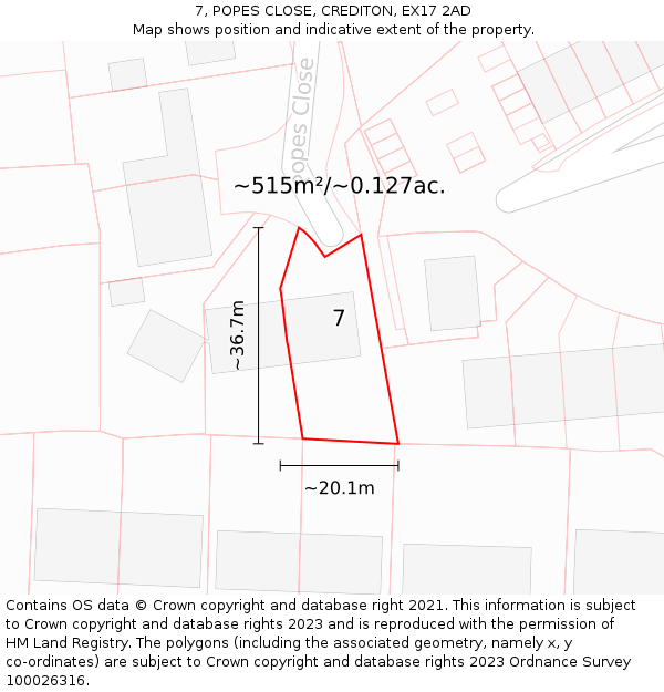 7, POPES CLOSE, CREDITON, EX17 2AD: Plot and title map