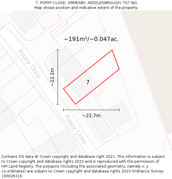 7, POPPY CLOSE, ORMESBY, MIDDLESBROUGH, TS7 9JG: Plot and title map