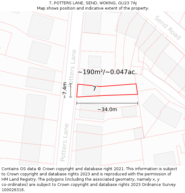 7, POTTERS LANE, SEND, WOKING, GU23 7AJ: Plot and title map