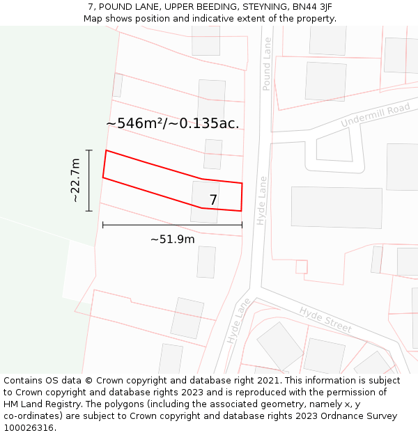 7, POUND LANE, UPPER BEEDING, STEYNING, BN44 3JF: Plot and title map