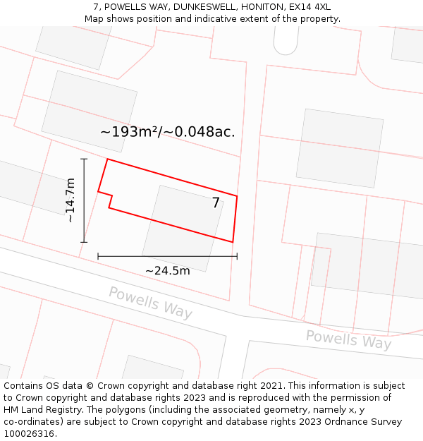 7, POWELLS WAY, DUNKESWELL, HONITON, EX14 4XL: Plot and title map
