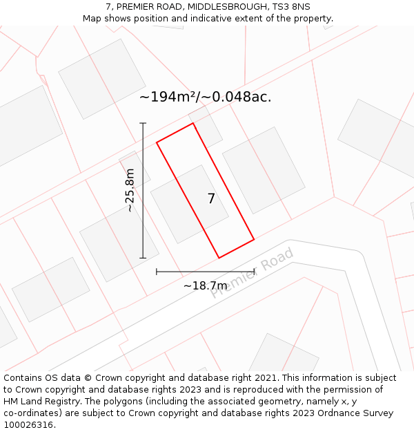 7, PREMIER ROAD, MIDDLESBROUGH, TS3 8NS: Plot and title map