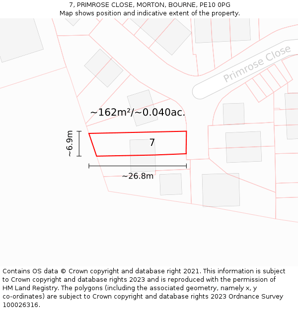 7, PRIMROSE CLOSE, MORTON, BOURNE, PE10 0PG: Plot and title map