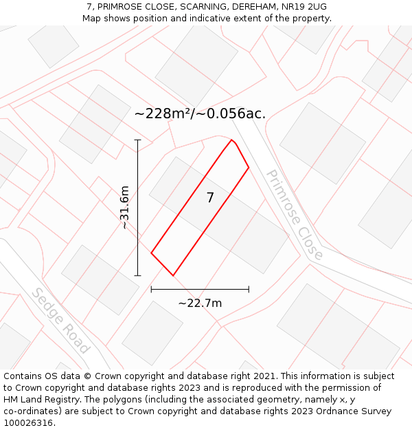 7, PRIMROSE CLOSE, SCARNING, DEREHAM, NR19 2UG: Plot and title map