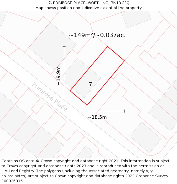 7, PRIMROSE PLACE, WORTHING, BN13 3FQ: Plot and title map