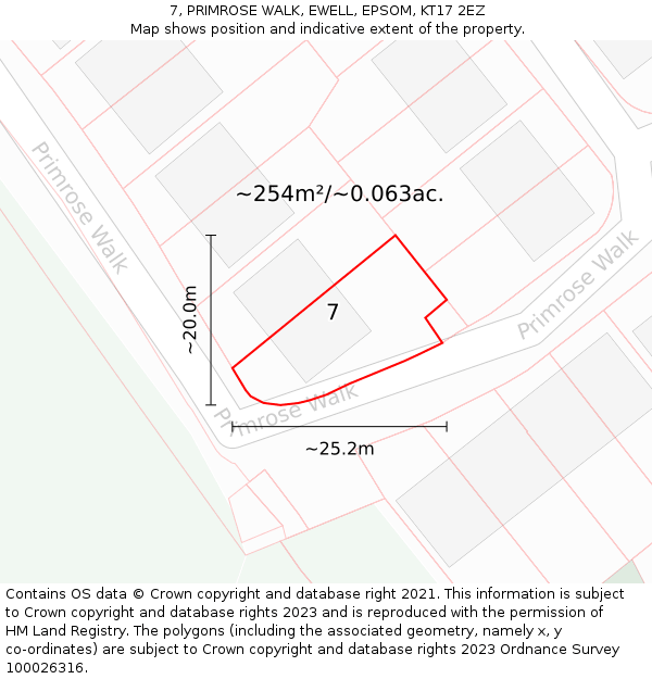 7, PRIMROSE WALK, EWELL, EPSOM, KT17 2EZ: Plot and title map