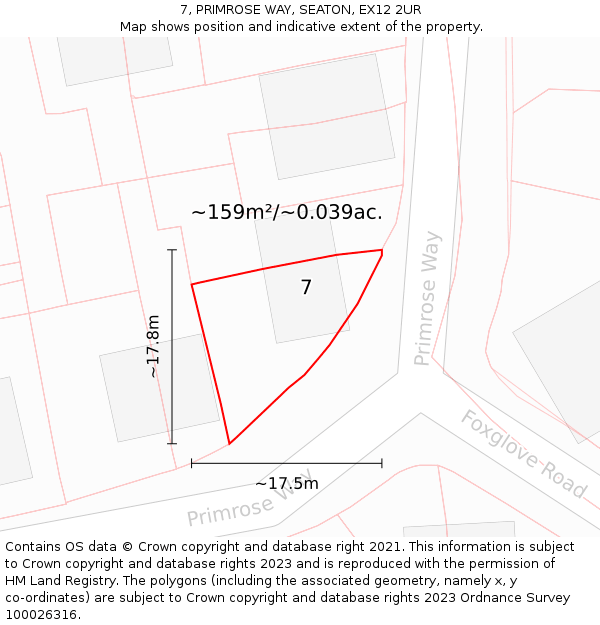 7, PRIMROSE WAY, SEATON, EX12 2UR: Plot and title map