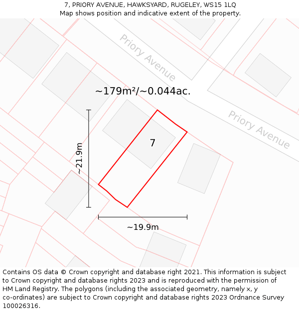 7, PRIORY AVENUE, HAWKSYARD, RUGELEY, WS15 1LQ: Plot and title map