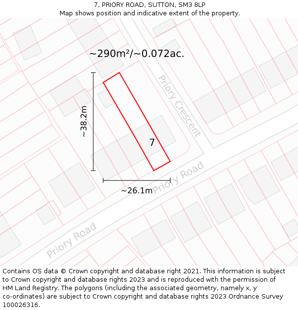 7, PRIORY ROAD, SUTTON, SM3 8LP: Plot and title map