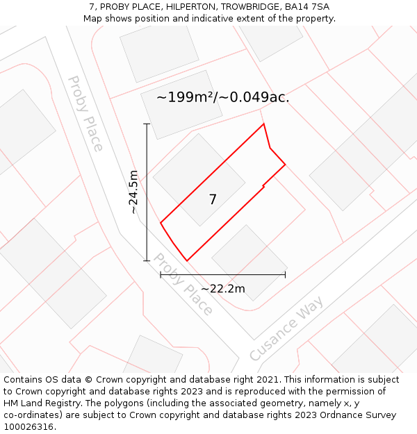 7, PROBY PLACE, HILPERTON, TROWBRIDGE, BA14 7SA: Plot and title map