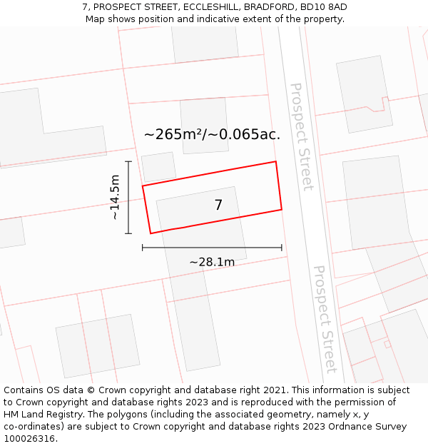 7, PROSPECT STREET, ECCLESHILL, BRADFORD, BD10 8AD: Plot and title map