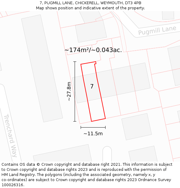 7, PUGMILL LANE, CHICKERELL, WEYMOUTH, DT3 4PB: Plot and title map