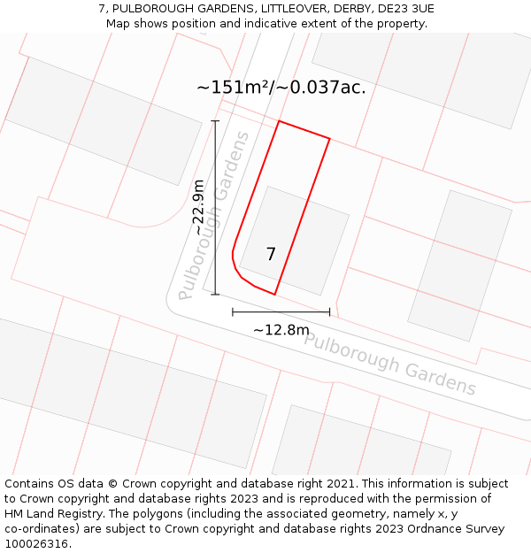 7, PULBOROUGH GARDENS, LITTLEOVER, DERBY, DE23 3UE: Plot and title map
