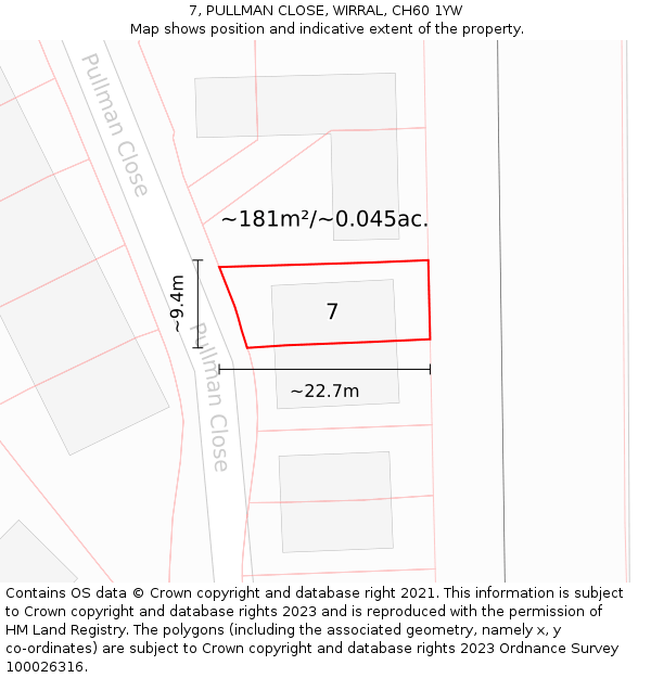 7, PULLMAN CLOSE, WIRRAL, CH60 1YW: Plot and title map