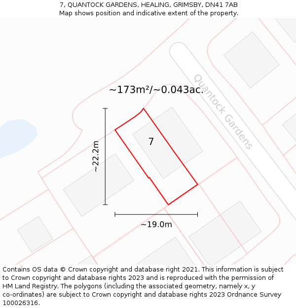 7, QUANTOCK GARDENS, HEALING, GRIMSBY, DN41 7AB: Plot and title map